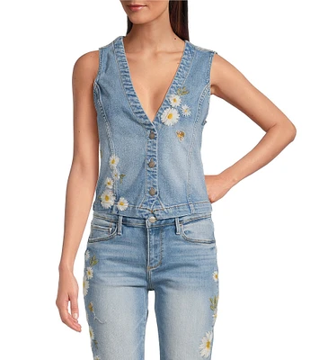 Driftwood Daisy Bee Daze Stretch Denim V-Neck Sleeveless Vest