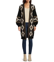 Driftwood Geometric Print Knit Open Front Long Blouson Sleeve Long Cardigan