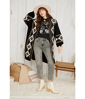 Driftwood Geometric Print Knit Open Front Long Blouson Sleeve Long Cardigan