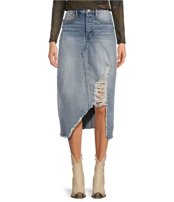 Driftwood Light Wash Denim Ultra Distressed High Rise A-Line Midi Skirt