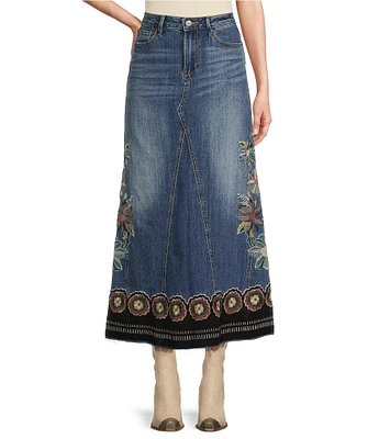 Driftwood Medium Wash Denim Floral Embroidery High Rise A-Line Maxi Skirt