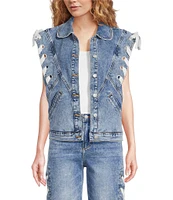 Driftwood Stretch Denim Rounded Collar Lace Bow Vest
