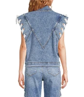 Driftwood Stretch Denim Rounded Collar Lace Bow Vest