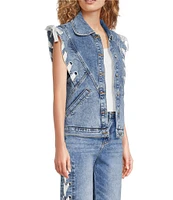 Driftwood Stretch Denim Rounded Collar Lace Bow Vest