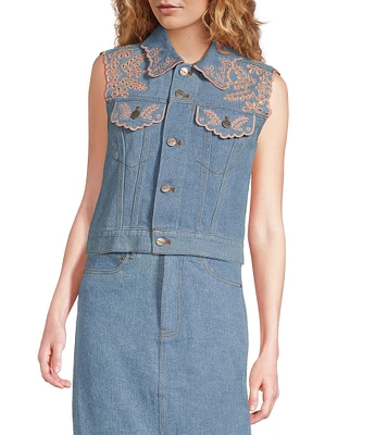 Driftwood Venus Eyelet Floral Embroidered Denim Vest