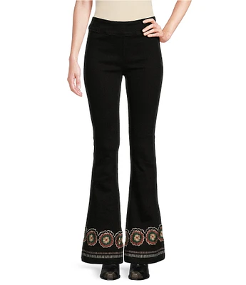 Driftwood Wyatt Eclectic Embroidered Stretch Denim High Rise Pull-On Flat Front Fit and Flare Jeans