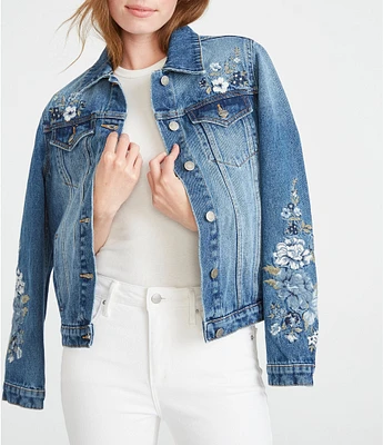 Driftwood X Bluebell Fleur Embroidered Point Collar Long Sleeve Denim Statement Jacket