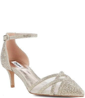 Dune London Composed Rhinestone Metallic and Mesh Ankle Strap Pumps