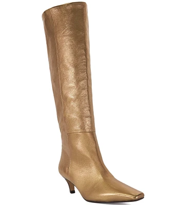 Dune London Slink Metallic Leather Kitten Heel Tall Dress Boots