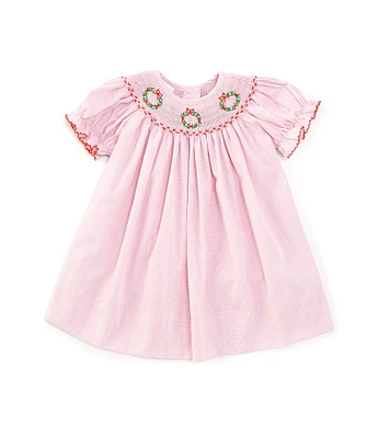 Edgehill Collection Baby Girls 3-24 Months Round Neck Smocked Short Sleeve Christmas Wreath Dress