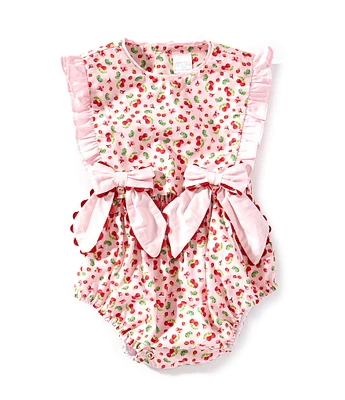 Edgehill Collection Baby Girls Newborn-24 Months Sleeveless Cherry Print Side Bow Bubble Romper