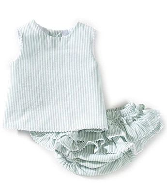 Edgehill Collection Baby Girls Newborn-24 Months Woven Seersucker Stripe Top & Ruffle Diaper Set