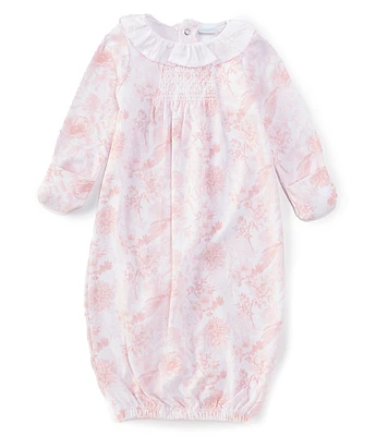 Edgehill Collection Baby Girls Newborn-6 Months Ruffle Collar Long Sleeve Toile Print Gown