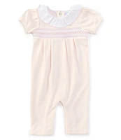 Edgehill Collection Baby Girls Newborn-9 Months Ruffle Neck Short Sleeves Solid Smocked Romper