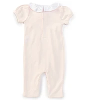 Edgehill Collection Baby Girls Newborn-9 Months Ruffle Neck Short Sleeves Solid Smocked Romper