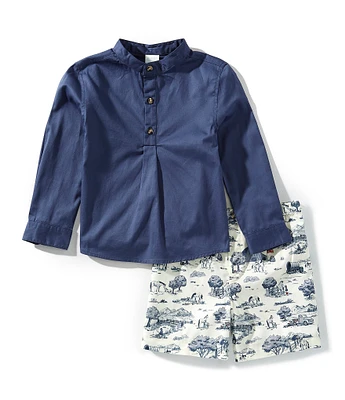Edgehill Collection Little Boys Toile Print Long Sleeve Shirt & Pull-On Shorts Set