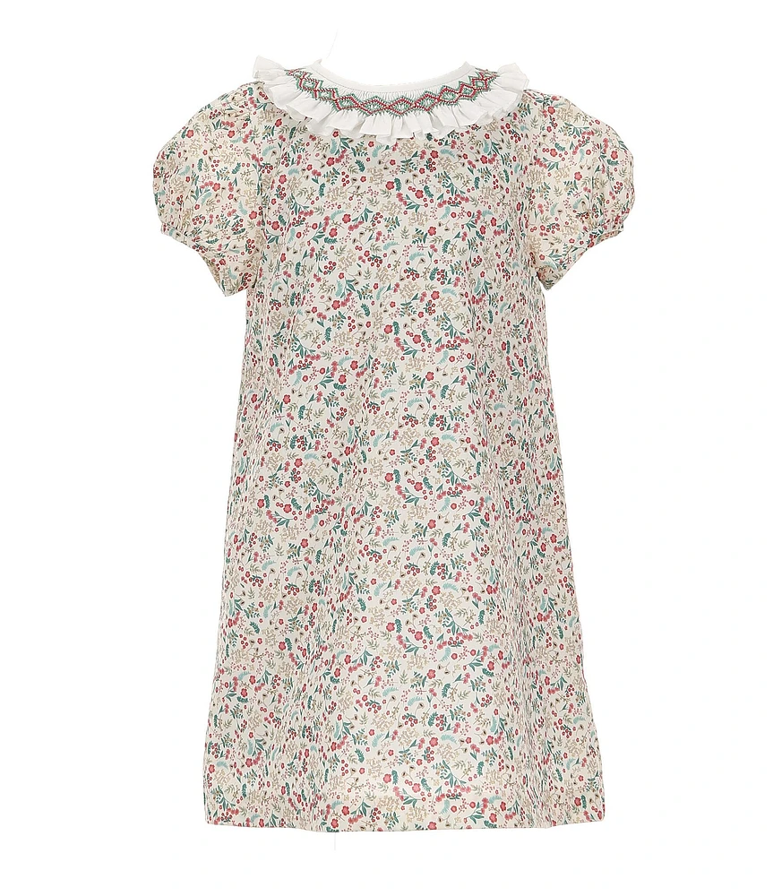 Edgehill Collection Little Girls 2T-6X Cap Sleeve Christmas Print Embroidered Collar Dress