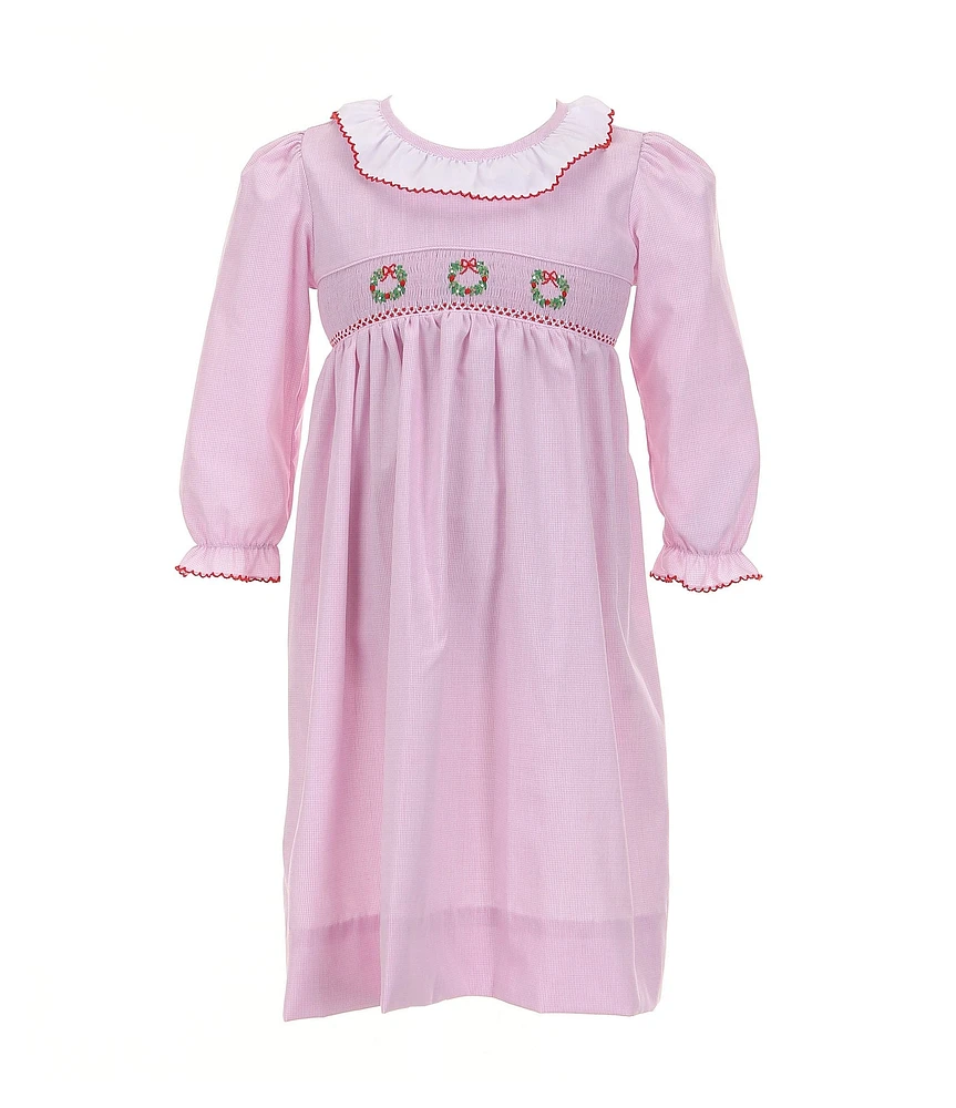 Edgehill Collection Little Girls 2T-6X Scoop Neck Long Sleeve Smocked Christmas Wreath Dress