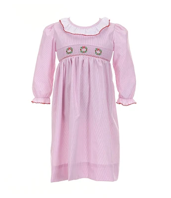 Edgehill Collection Little Girls 2T-6X Scoop Neck Long Sleeve Smocked Christmas Wreath Dress