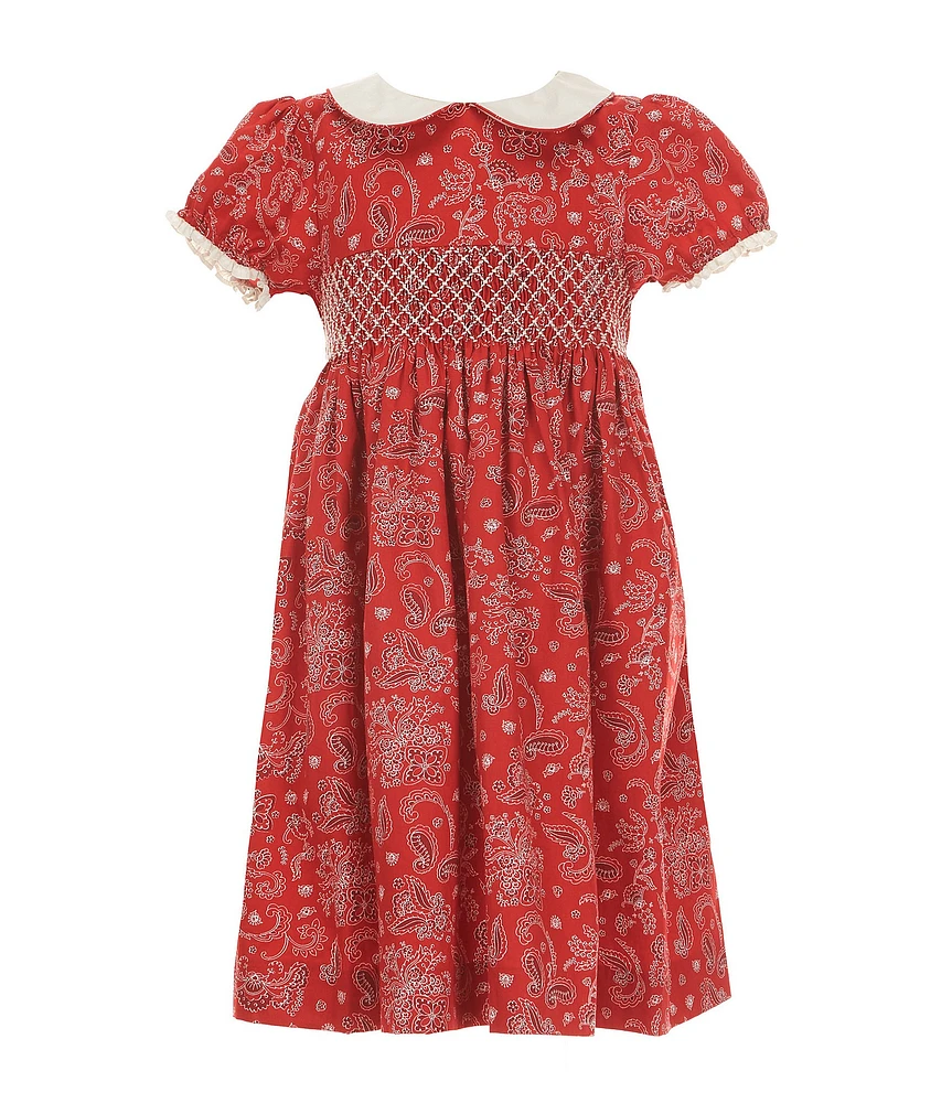 Edgehill Collection Little Girls Smocked Bandana Print Peter Pan Cap Sleeve Dress