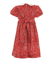 Edgehill Collection Little Girls Smocked Bandana Print Peter Pan Cap Sleeve Dress