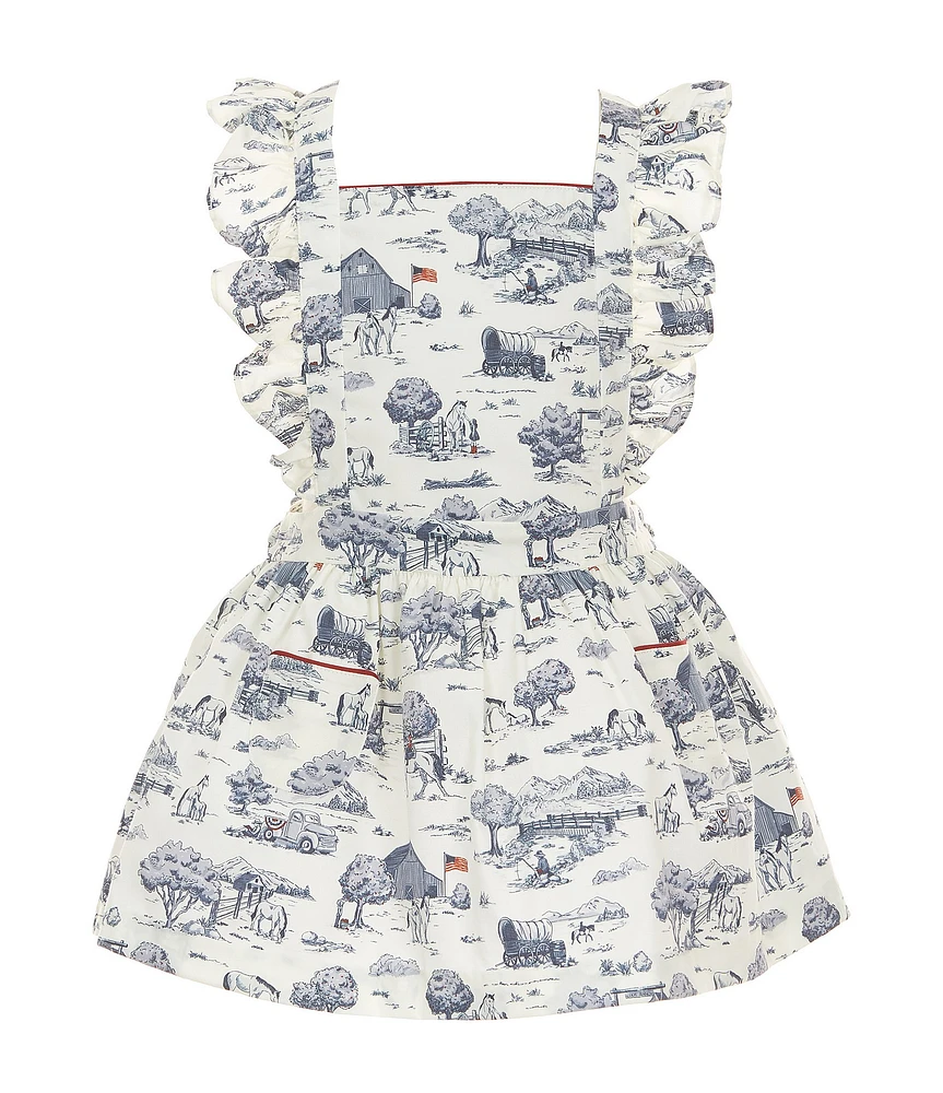 Edgehill Collection Little Girls Flag Toile Print Sleeveless Pinafore Ruffle Dress