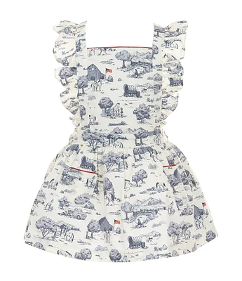 Edgehill Collection Little Girls Flag Toile Print Sleeveless Pinafore Ruffle Dress