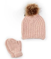 Edgehill Collection Little Girls Poms Beanie & Gloves Set