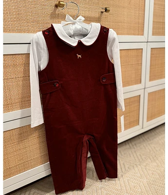 Edgehill Collection x Darby Fallon Clark Baby Boys 12-24 Months Fallon Dog Embroidered Shirt and Long Velvet Romper Set