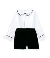 Edgehill Collection x Darby Fallon Clark Little Boys 2T-4T Whit Dog Embroidered Shirt and Velvet Shorts Set