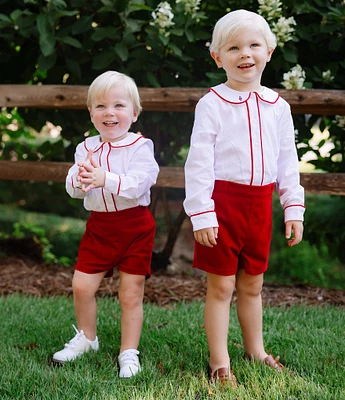 Edgehill Collection x Darby Fallon Clark Little Boys 2T-4T Beau Peter Solider Embroidery Shirt and Velvet Shorts Set