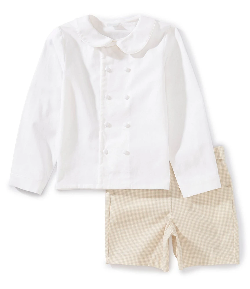 Edgehill Collection x Kristin Ellen Hockman Little Boys 2T-7 Gustav Peter Pan Collar Long Sleeve Linen Top & Gingham Shorts Set