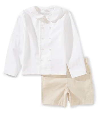 Edgehill Collection x Kristin Ellen Hockman Little Boys 2T-7 Gustav Peter Pan Collar Long Sleeve Linen Top & Gingham Shorts Set