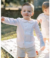 Edgehill Collection x Kristin Ellen Hockman Little Boys 2T-7 Gustav Peter Pan Collar Long Sleeve Linen Top & Gingham Shorts Set