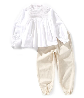 Edgehill Collection x Kristin Ellen Hockman Little Girls 2T-6X Delphine Honeycomb Blouse & Woven Pants Set