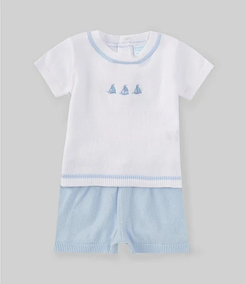 Edgehill Collection x The Broke Brooke Baby Boys Newborn-24 Months William Boat Embroidered Short Sleeve Top & Shorts Set