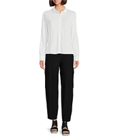 Eileen Fisher Classic Collar Organic Linen Jersey Long Sleeve Button Front Shirt