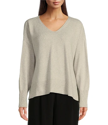 Eileen Fisher Cotton & Cashmere Blend V-Neck Long Sleeve Boxy Sweater