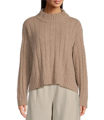 Eileen Fisher Cotton Fluff Ribbed Turtleneck Long Sleeve Cropped Boxy Sweater