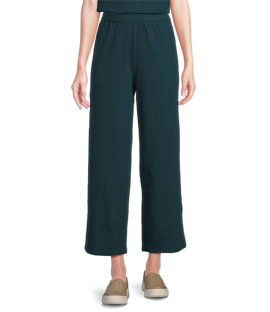 Eileen Fisher Organic Cotton Blend Crinkle Knit Jersey Wide Leg Pull-On Pants
