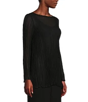 Eileen Fisher Crinkle Sheer Silk Georgette Boat Neck Long Sleeve Easy Fit Top