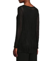 Eileen Fisher Crinkle Sheer Silk Georgette Boat Neck Long Sleeve Easy Fit Top