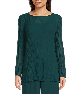 Eileen Fisher Crinkle Sheer Silk Georgette Boat Neck Long Sleeve Easy Fit Top