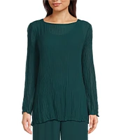 Eileen Fisher Crinkle Sheer Silk Georgette Boat Neck Long Sleeve Easy Fit Top