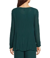 Eileen Fisher Crinkle Sheer Silk Georgette Boat Neck Long Sleeve Easy Fit Top