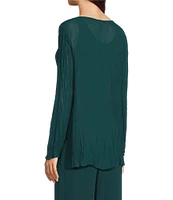 Eileen Fisher Crinkle Sheer Silk Georgette Boat Neck Long Sleeve Easy Fit Top