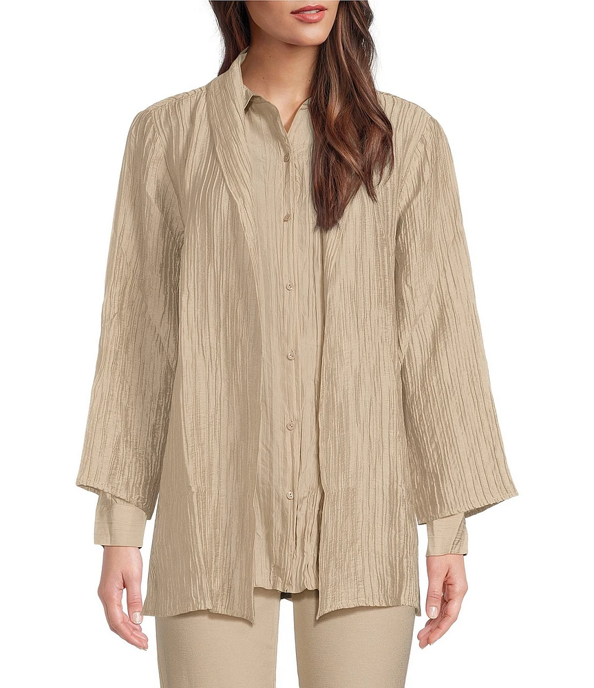 Eileen Fisher Crinkle Shimmer High Collar Bracelet Sleeve Open Front Jacket