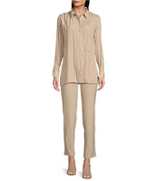 Eileen Fisher Crinkle Silk Classic Collar Long Sleeve Button Down Shirt