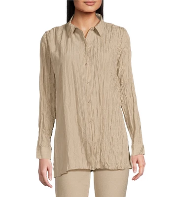 Eileen Fisher Crinkle Silk Classic Collar Long Sleeve Button Down Shirt