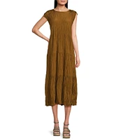 Eileen Fisher Crinkle Silk Crew Neck Cap Sleeve A-Line Tiered Midi Dress